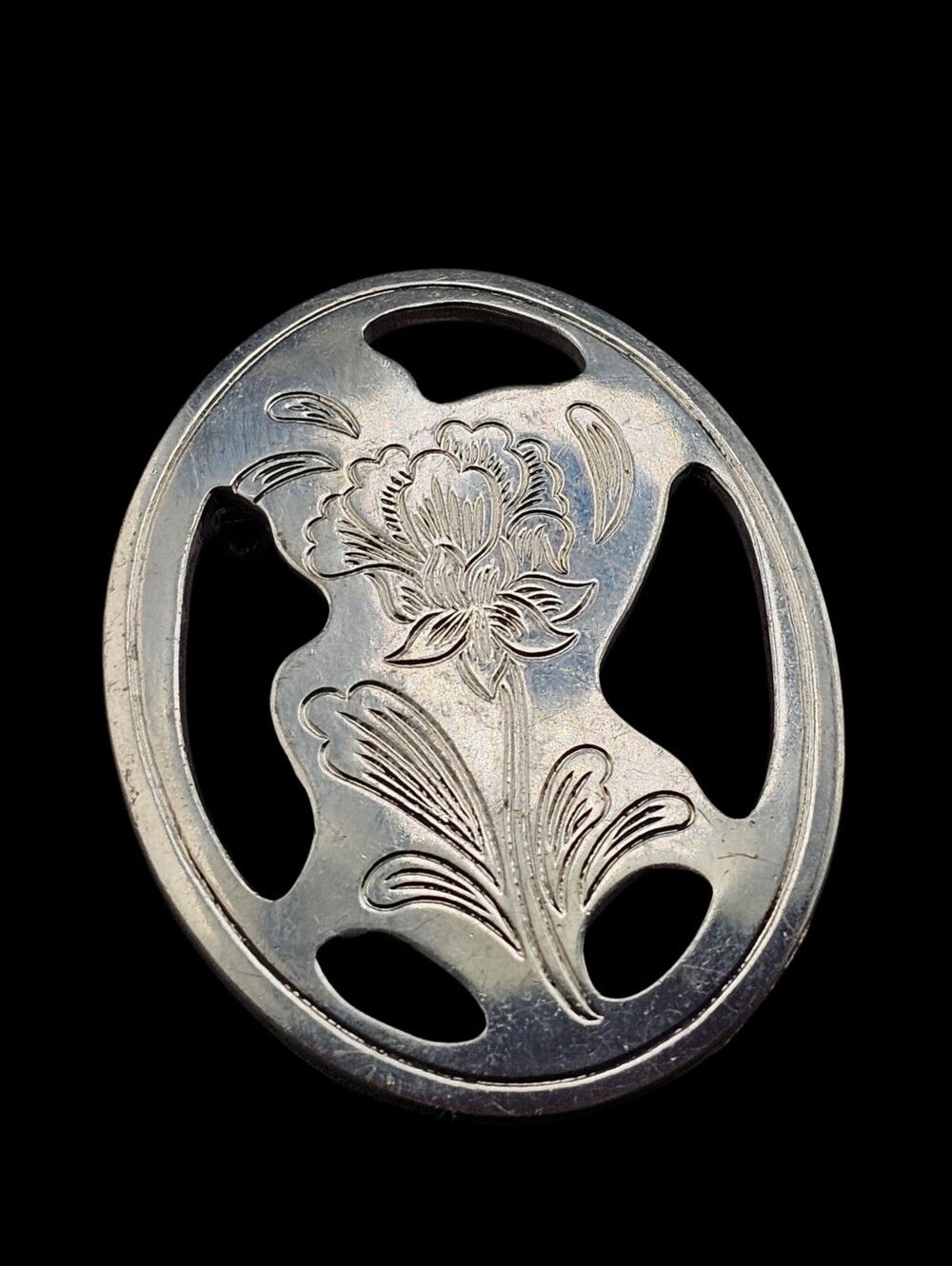 Vtg Kirk Stieff Pewter Peony Brooch Oval Openwork Cut Out Flower Floral Pin Gift